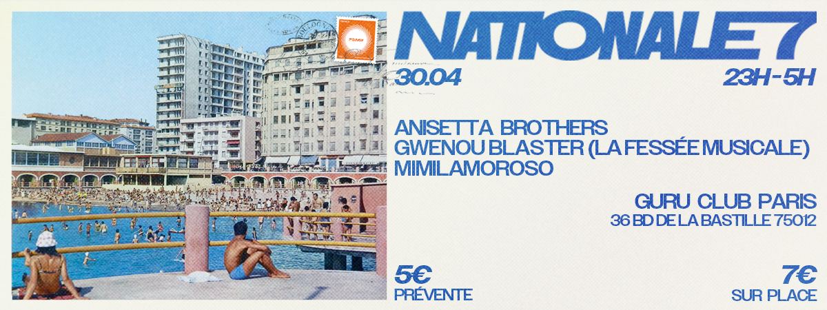 Bannière Nationale 7, carte postale d’une plage marseillaise et programme